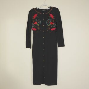 Carole‎ Little Dress Black Sweater Embroidered Wool Blend Midi Vintage